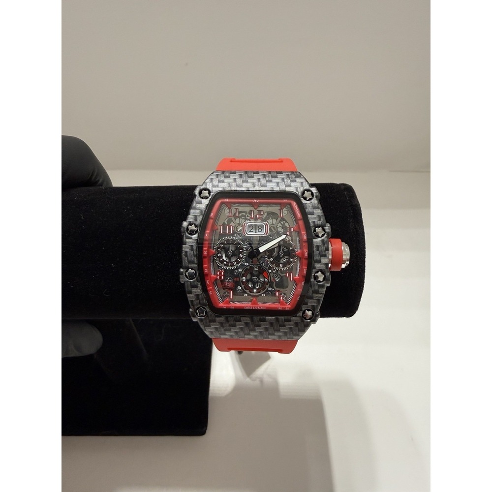 AJ Gold Tonneau Chronograph Wristwatch Red Silicone Band Black Skeleton Dial